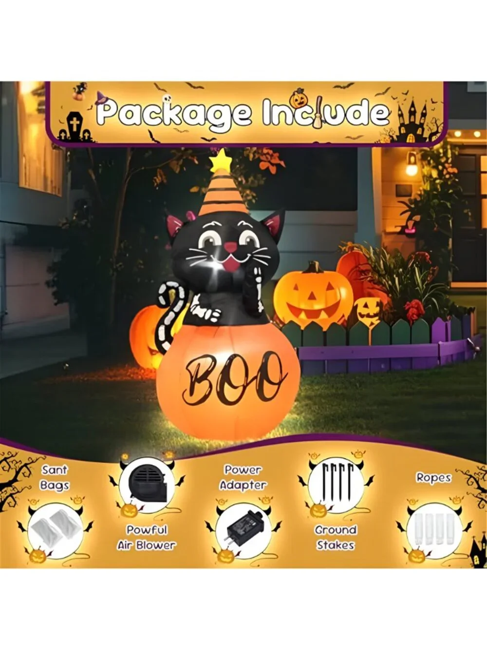 4FT Halloween Inflatable Decor Pumpkin Cat with LED Lights